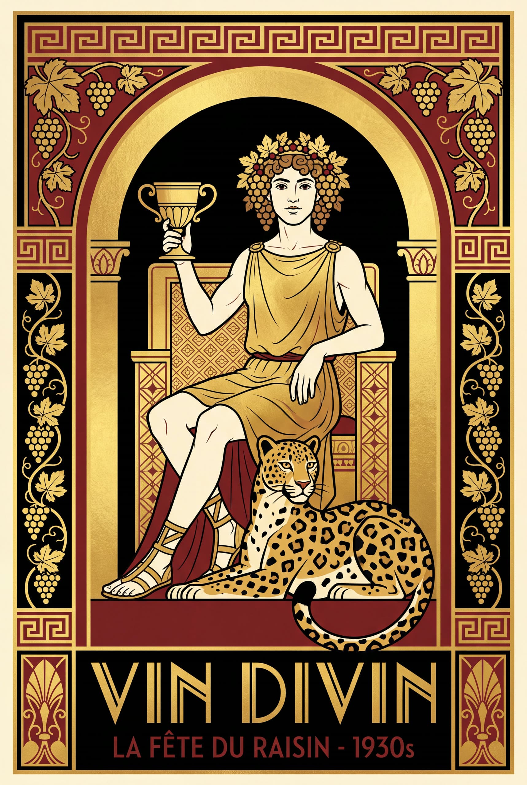 Dionysos Enthroned — The young wine god on his throne, kantharos in hand, leopard at his feet.