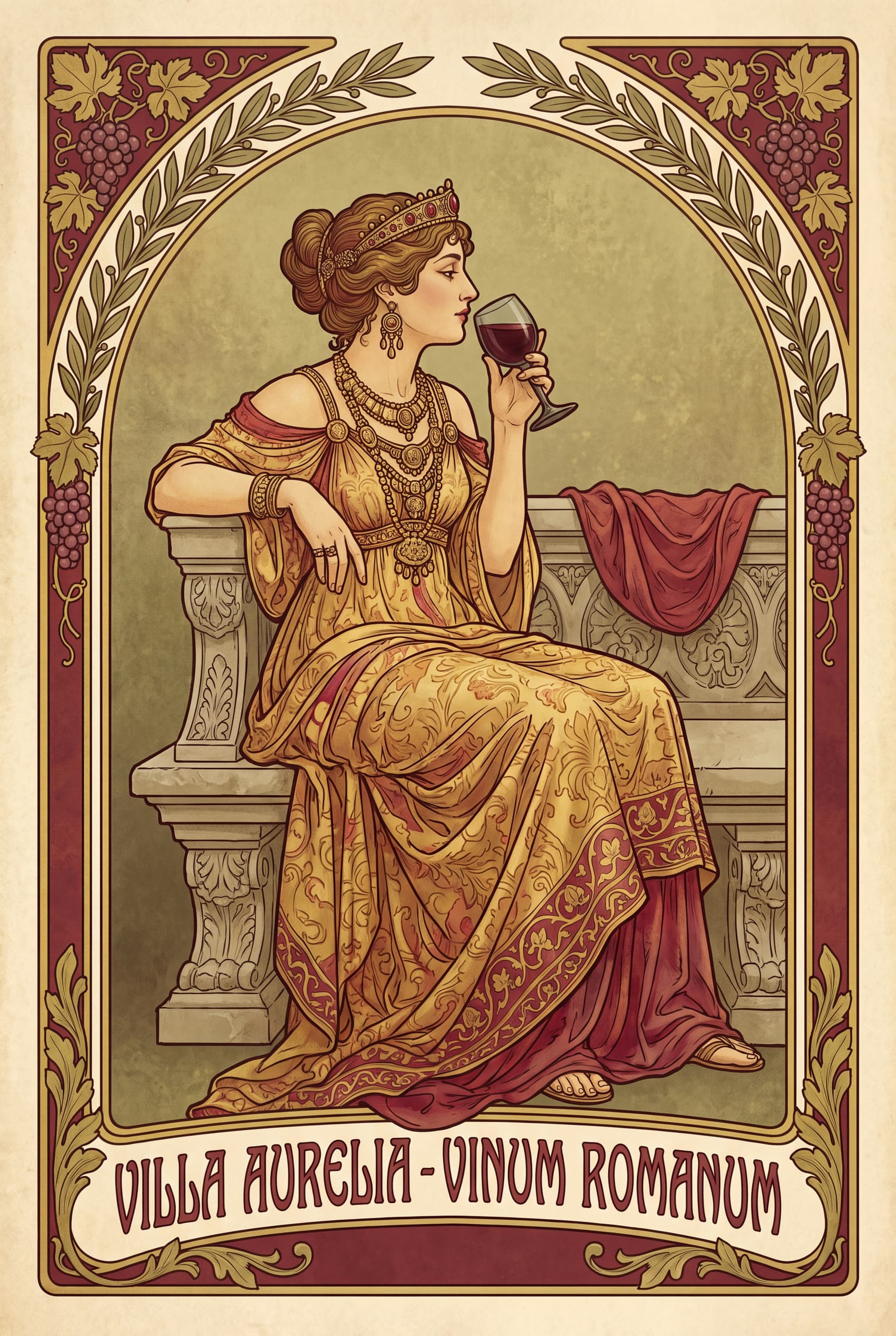 Domina of the Villa — The lady of the house in profile, goblet in hand — Mucha line, wine and gold.