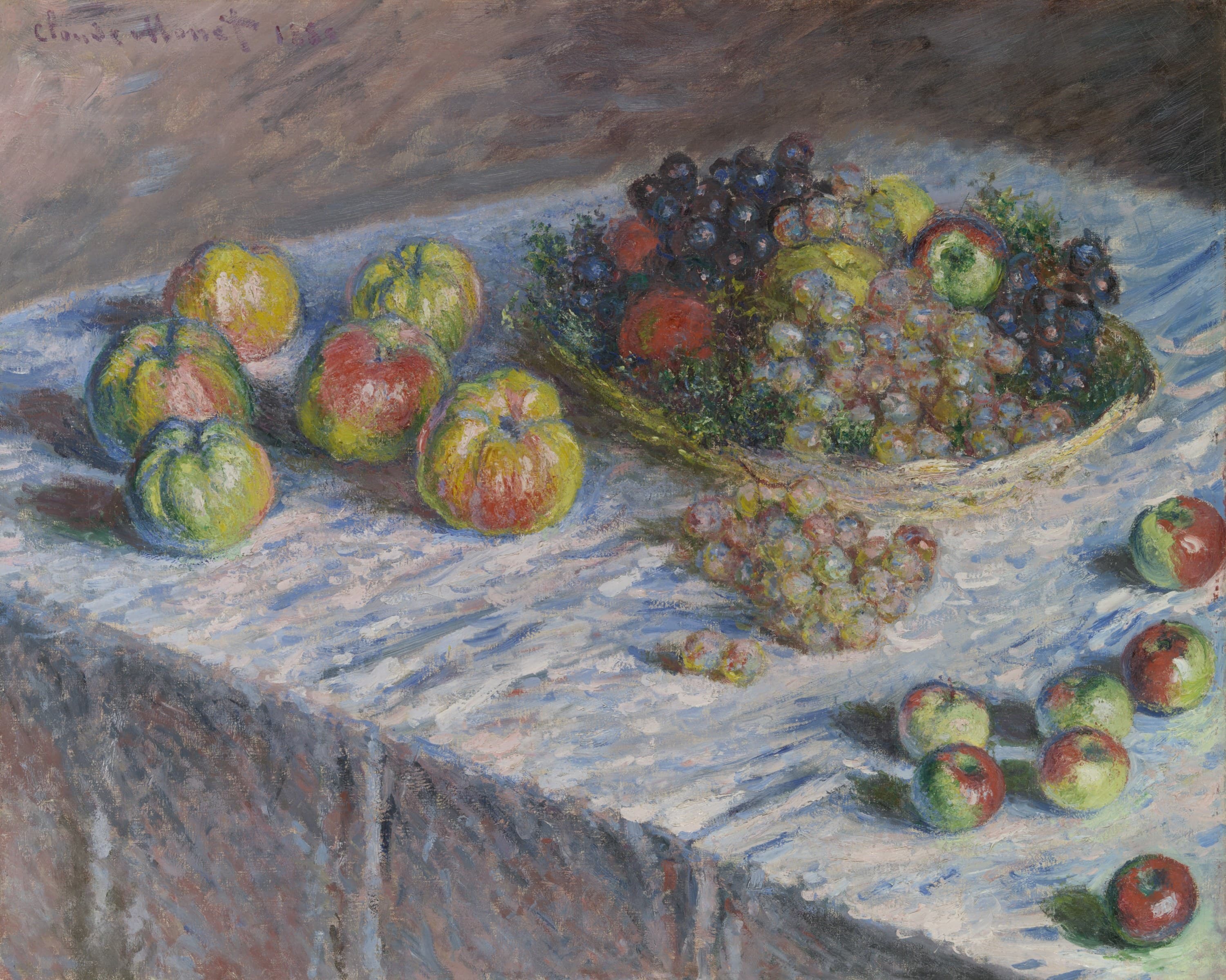 Apples and Grapes — Monet’s fruit spilling off a basket — the grape before it ever becomes the glass.