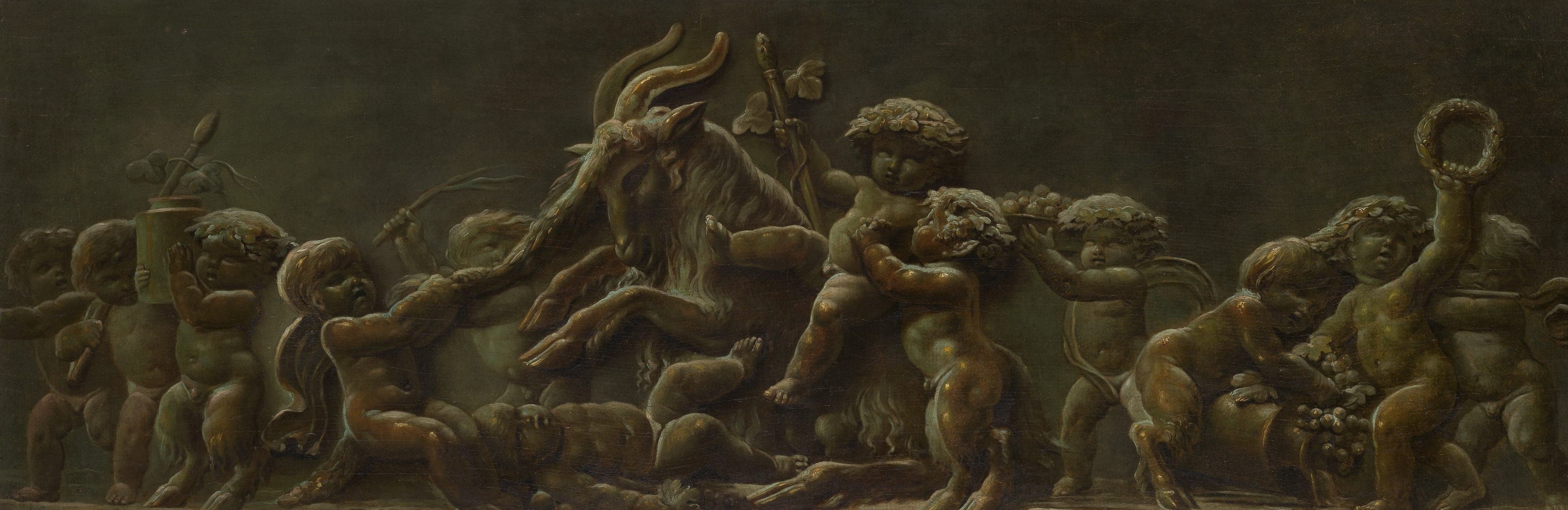 Infant Bacchanal — A revel of putti in grisaille — the party handed down to the very young.