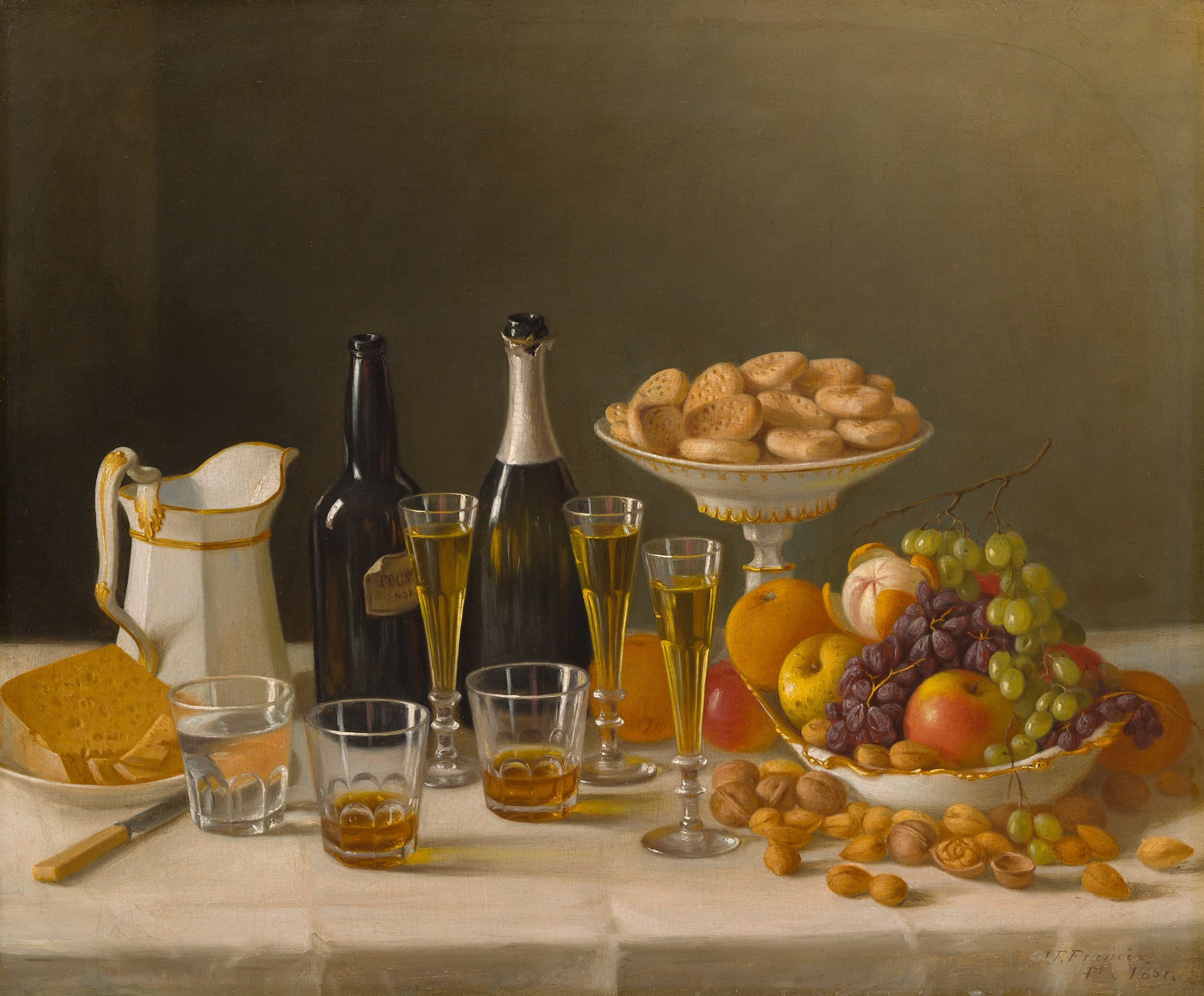 Wine, Cheese, and Fruit — An American table laid for pleasure — bottles, glasses, a heaped dish of fruit.