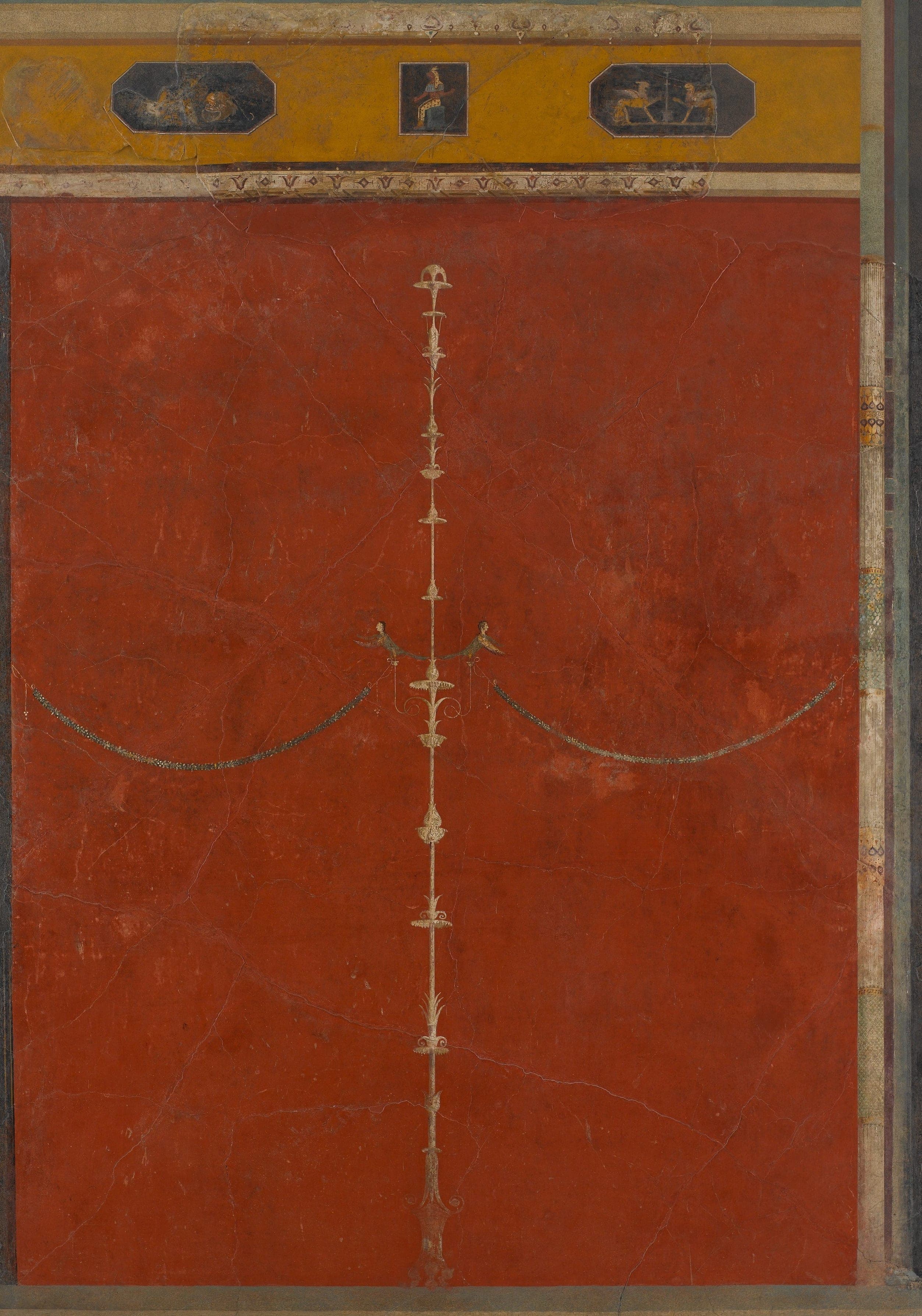 Candelabrum on Red Ground — An impossible golden candelabrum blooming with a tiny frieze — Roman red at its richest.