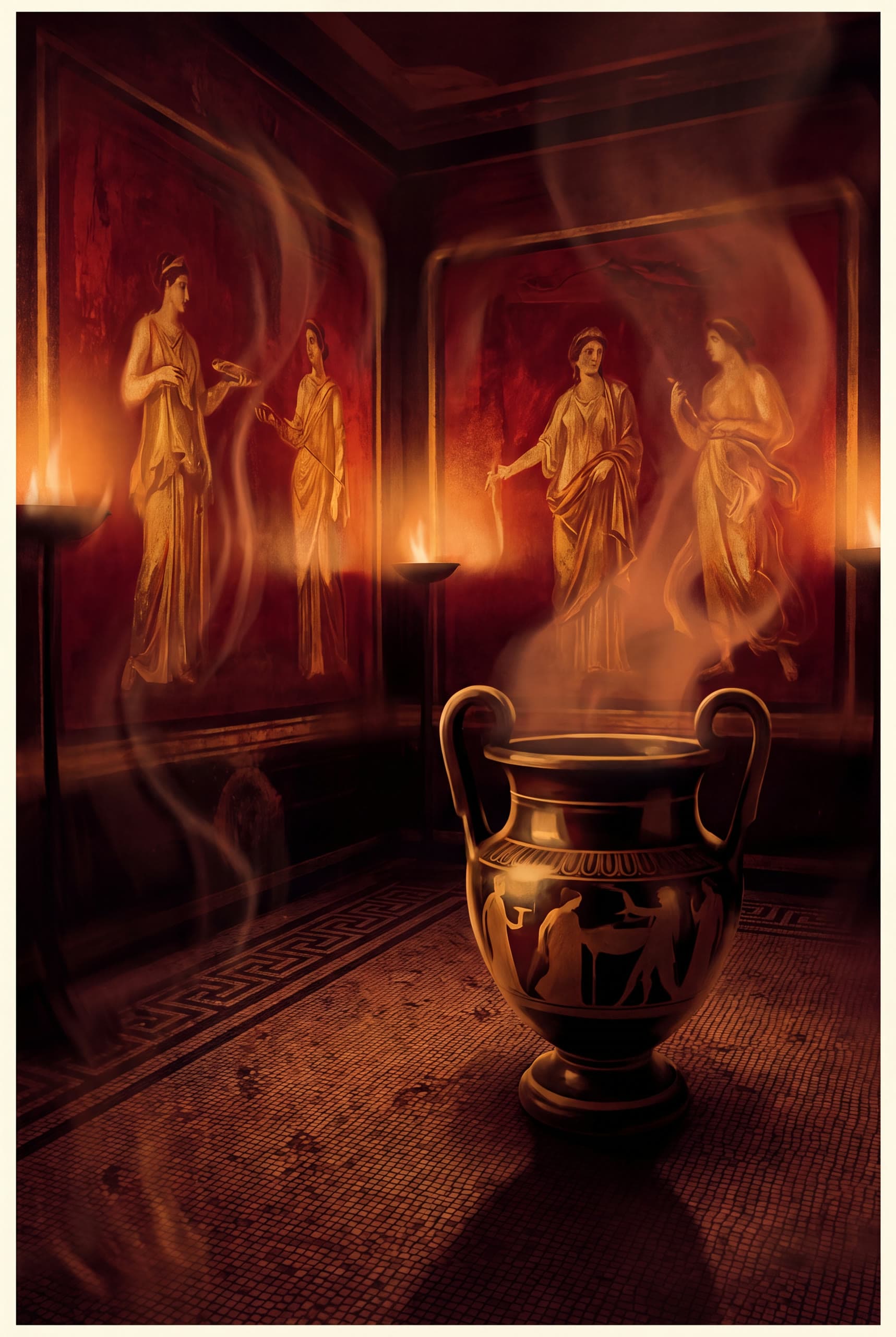 The Red Room — A Pompeiian-red chamber by lamplight, the painted dancers breathing on the walls.