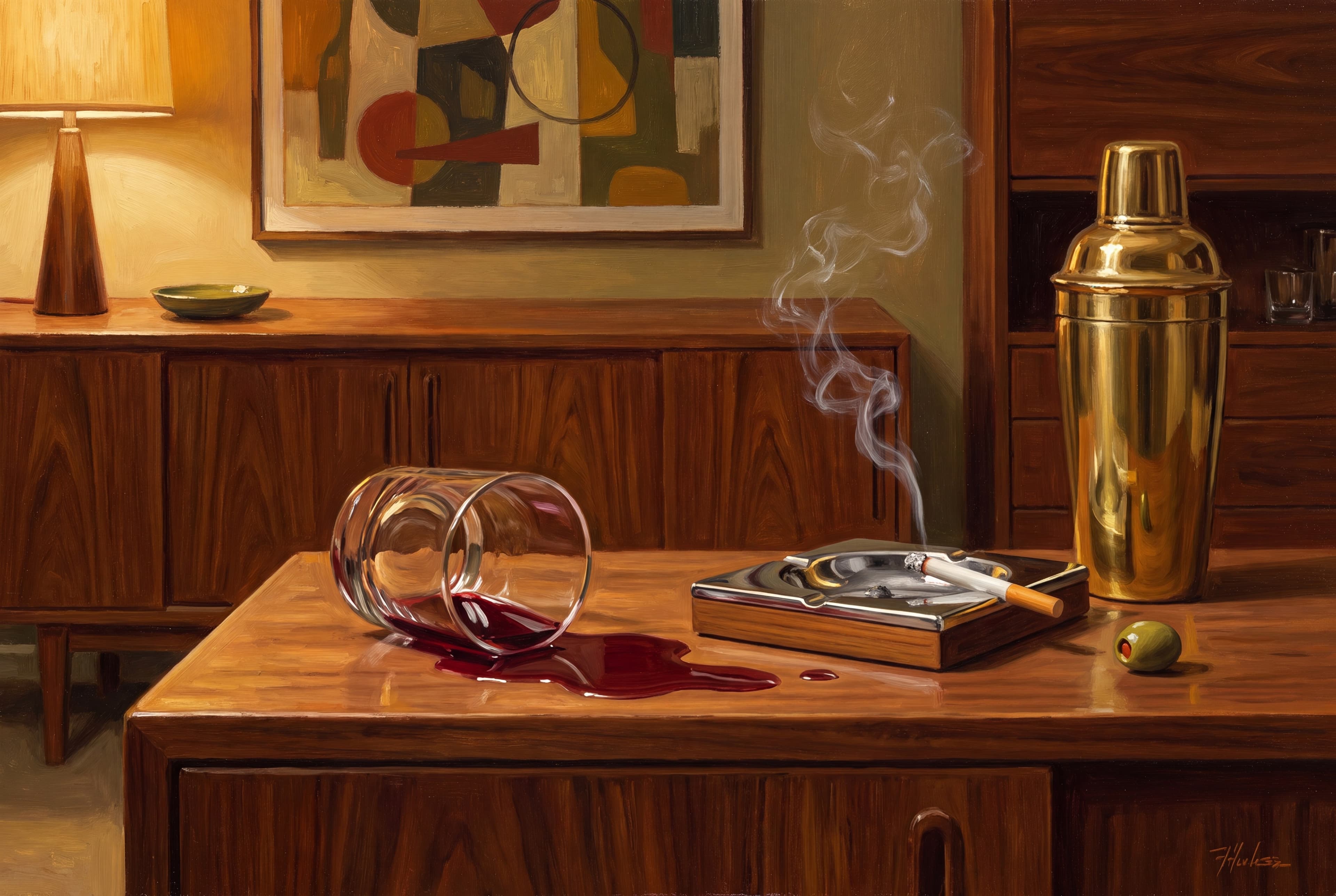 The Spill No. 12 — Midnight Modern — A lowball knocked over on walnut, red on the credenza — the cocktail hour run long.