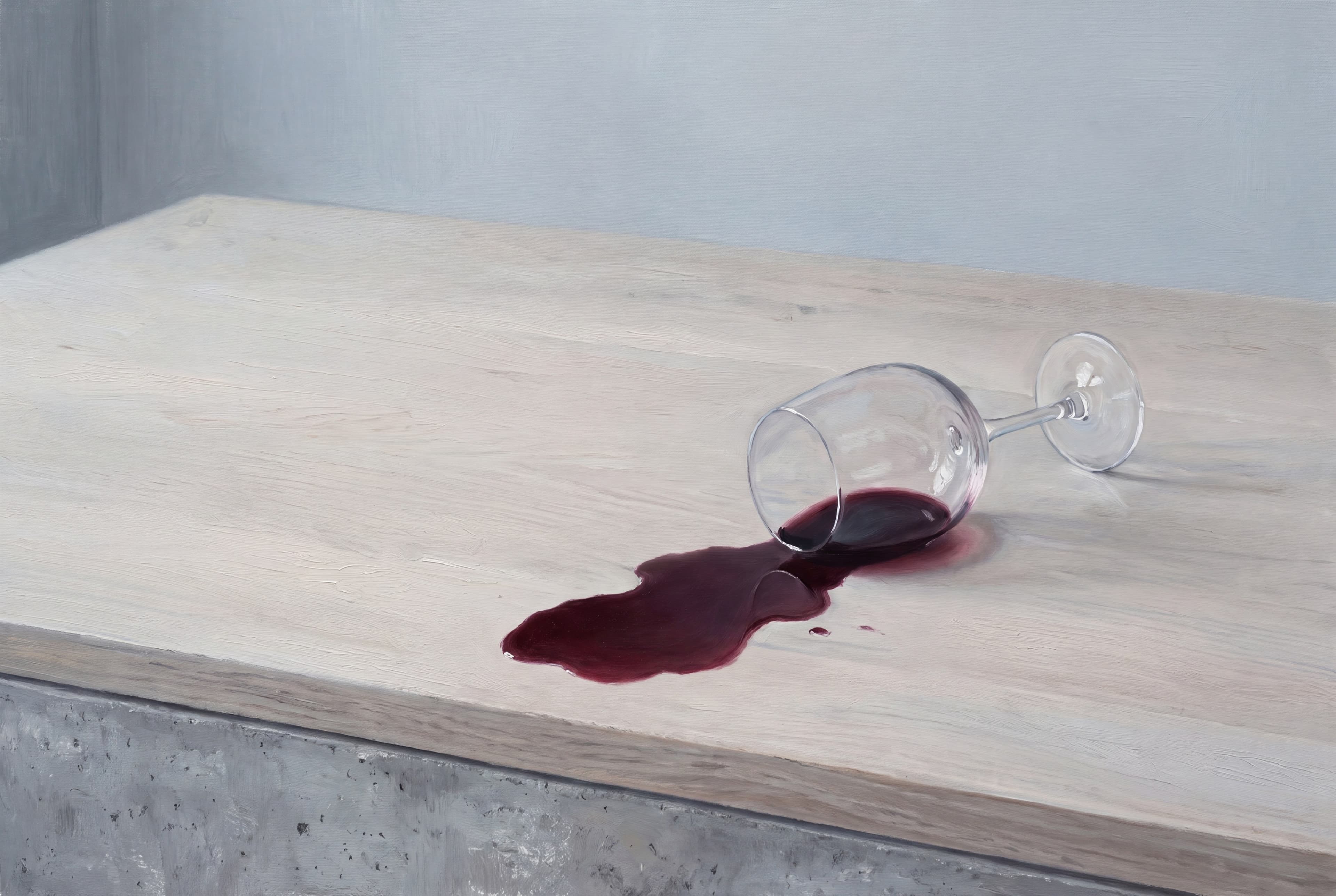 The Spill No. 14 — First Light — One glass over, one long stain, and nothing else — the morning after, modern.