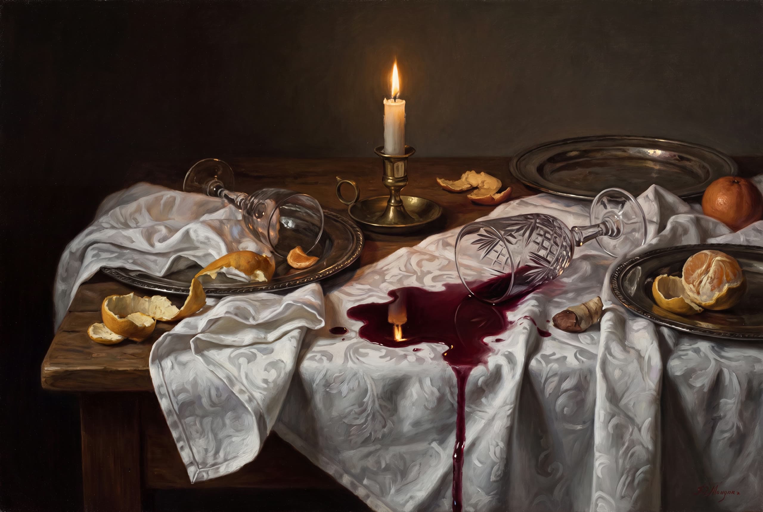The Spill No. 3 — Candle & Ruin — The aftermath by candlelight — the banquet's beautiful casualty.