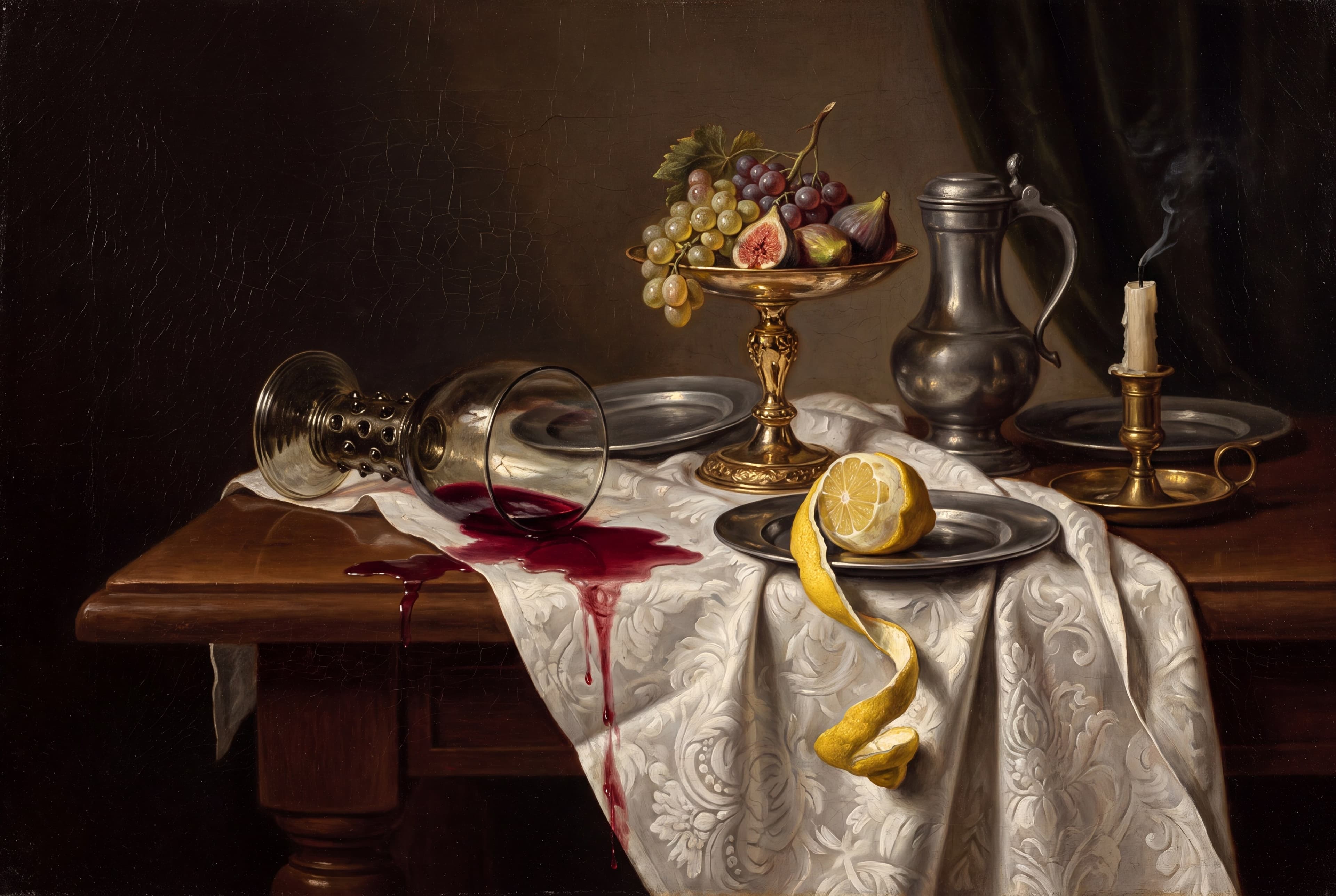 The Spill No. 4 — The Dutch Table — The banquet the Old Masters kept painting — a roemer down, the red walking for the edge.