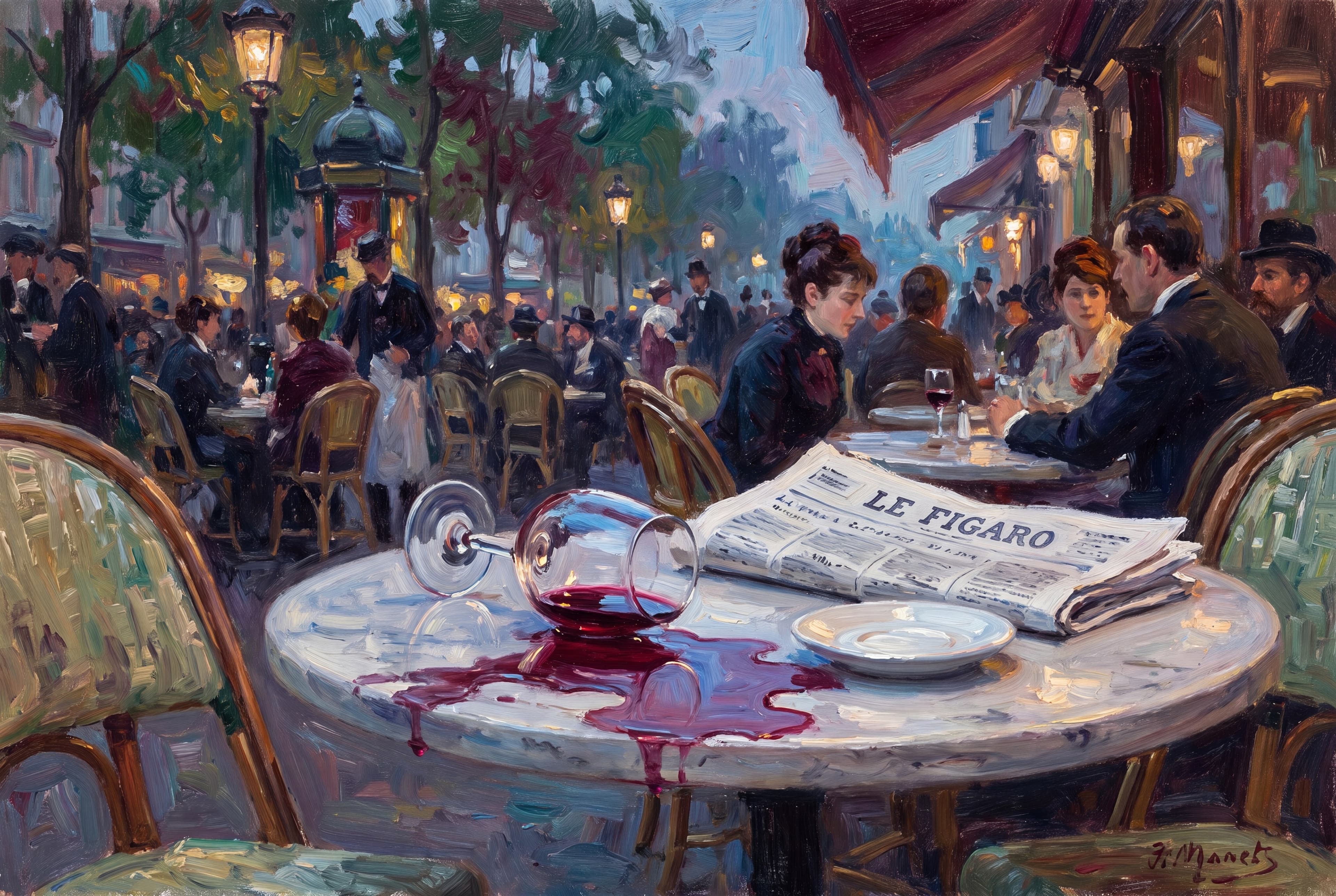 The Spill No. 8 — The Café Table — A glass gone over on marble, red into the blue dusk — the café emptying out.