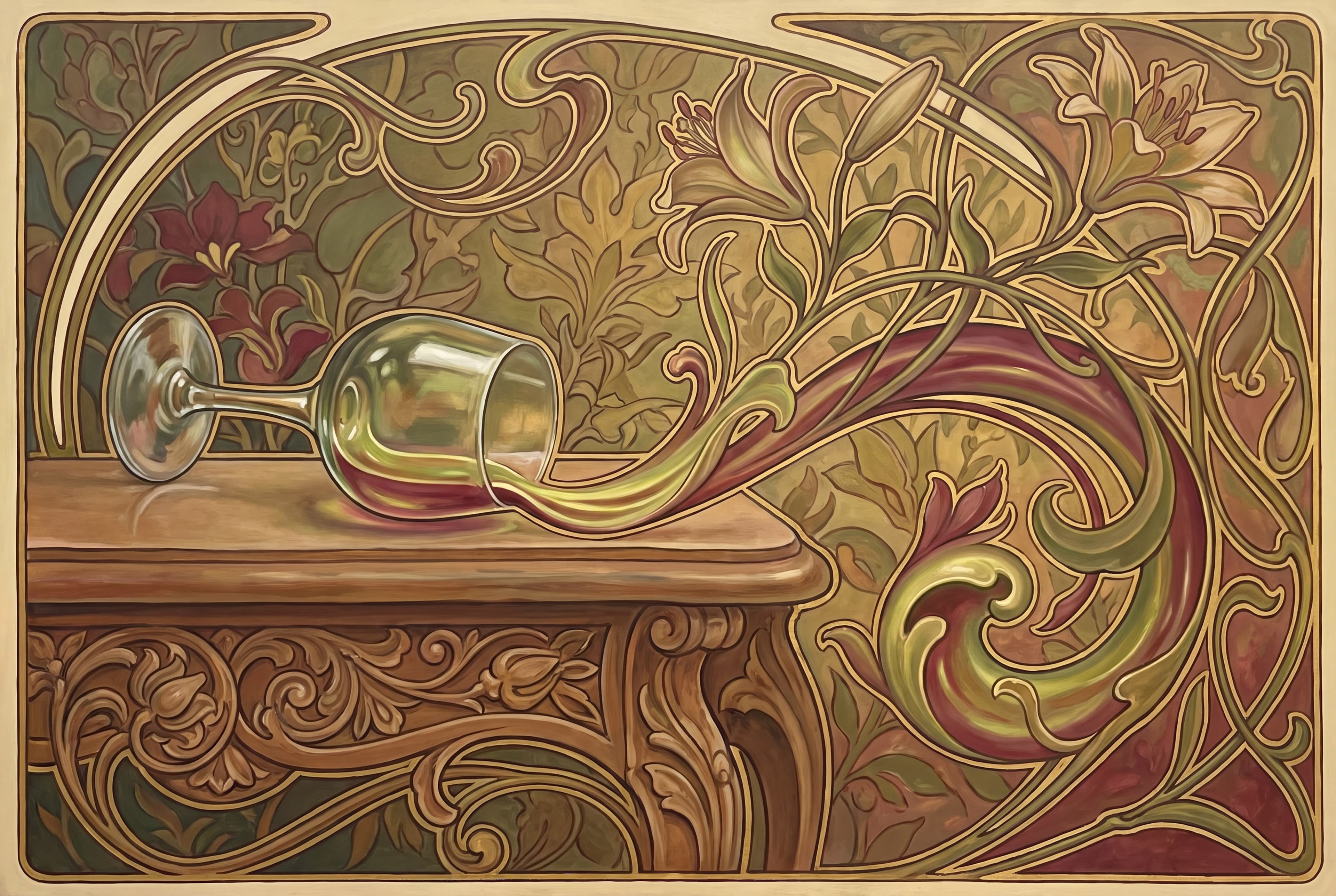 The Spill No. 9 — Absinthe Tendrils — A glass down and the spill curling into vines — the ruin as ornament.