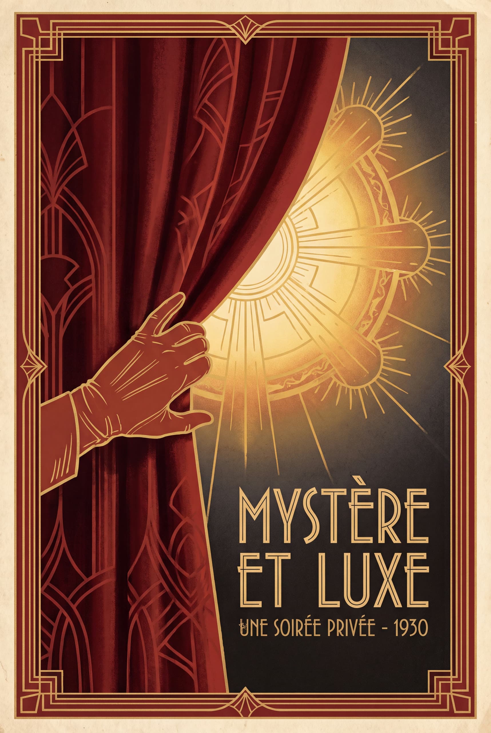 The Threshold — A hand parts a red drape on a golden light — the rite, about to begin.