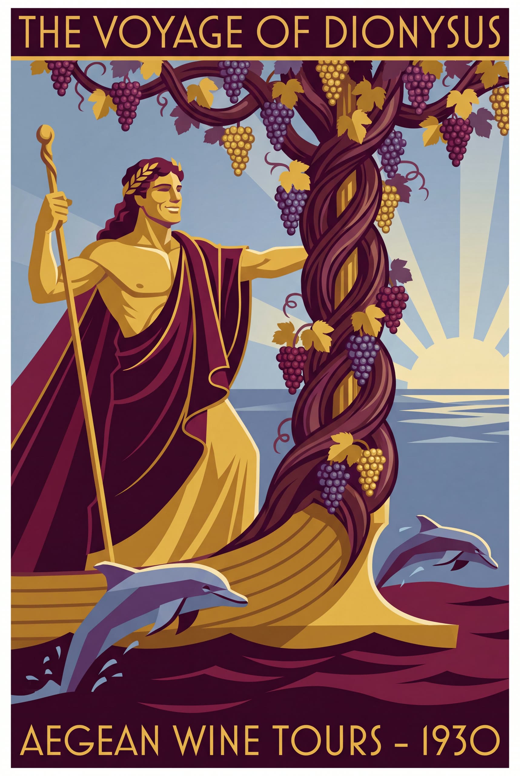 The Wine God Sails — The mast grown into a vine, dolphins at the hull — the myth as a travel poster.