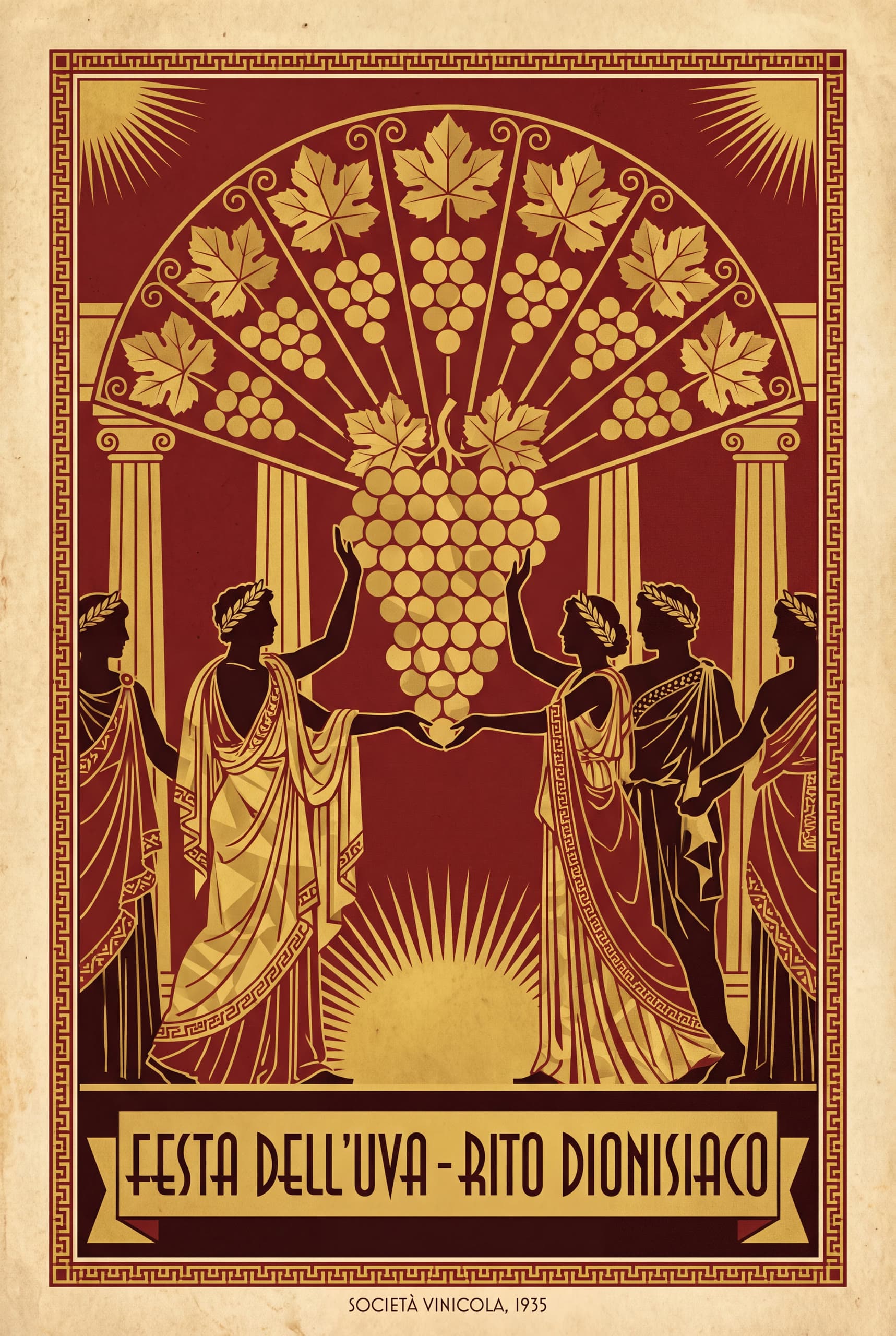 The Winnowing Fan — The sacred fan heaped with grapes, held aloft — gold on villa red.