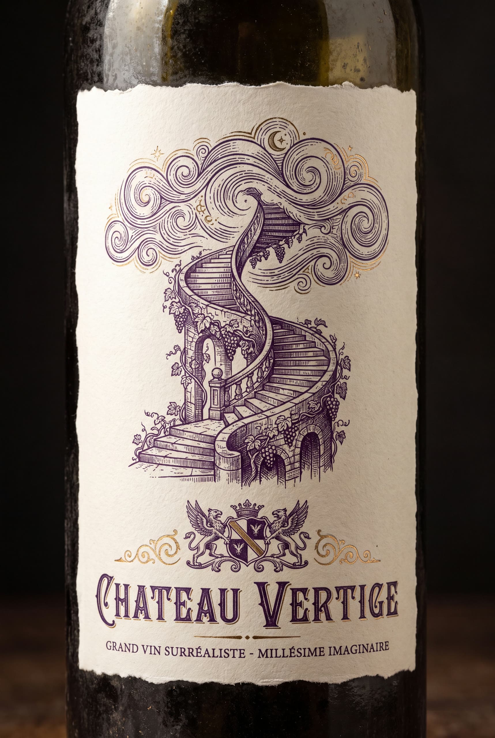 Château Vertige — Vin Fou No. 4 — A spiral-staircase vineyard climbing into the clouds — the label that makes you dizzy.