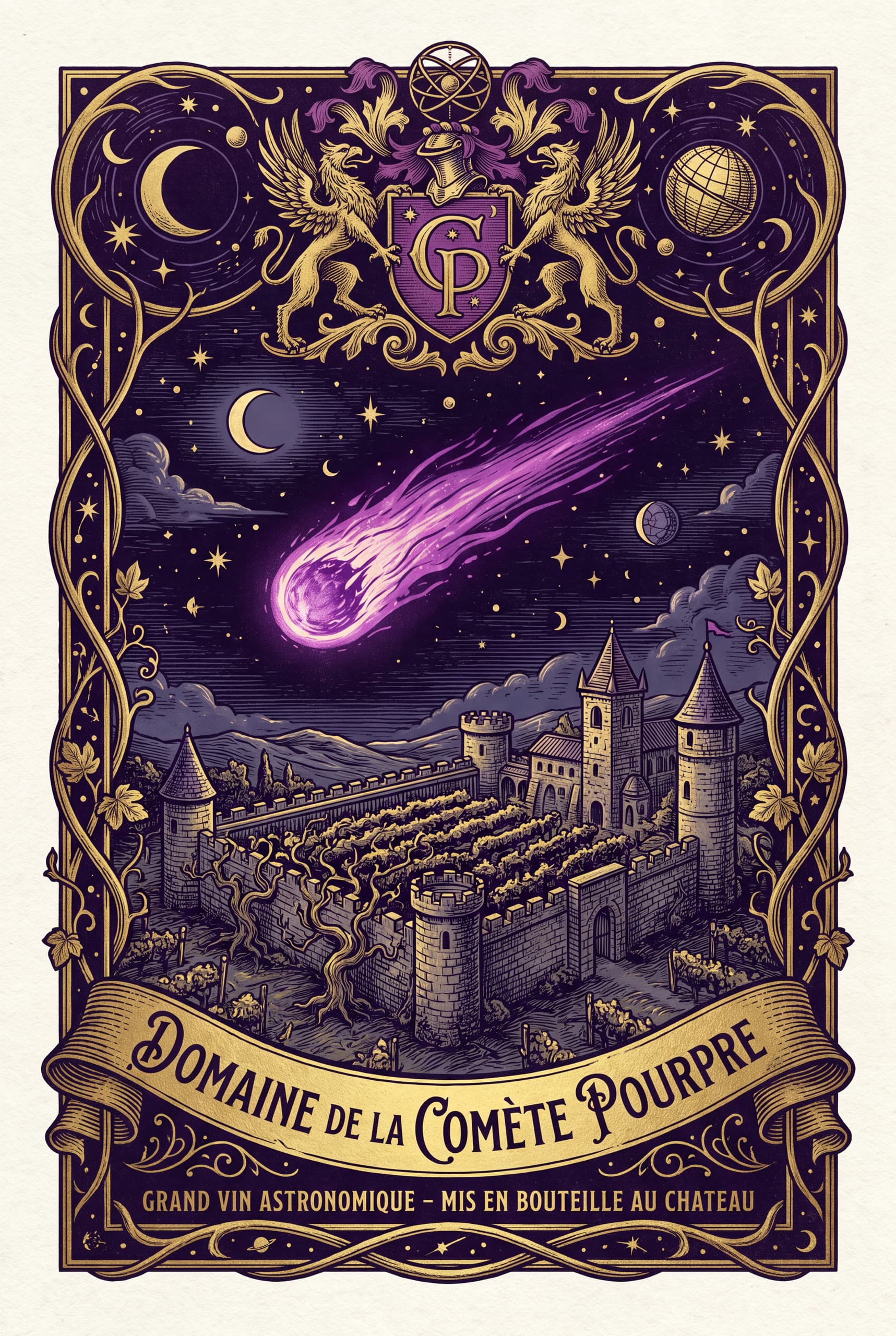 Domaine de la Comète Pourpre — Vin Fou No. 2 — The purple comet's estate — a label for the harvest that comes once an orbit.