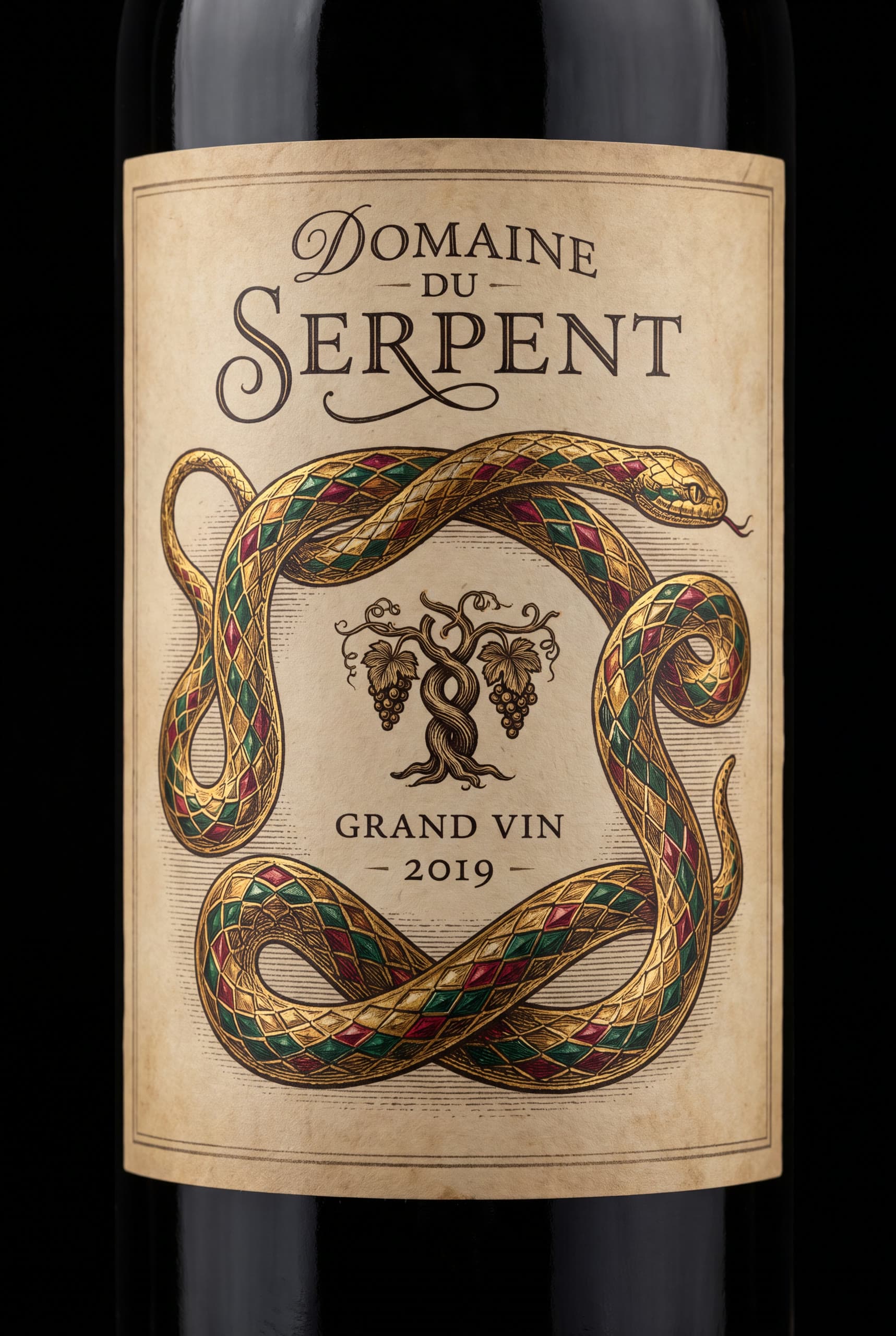 Domaine du Serpent — Vin Fou No. 6 — A golden serpent coiled through the vine — dangerous elegance.