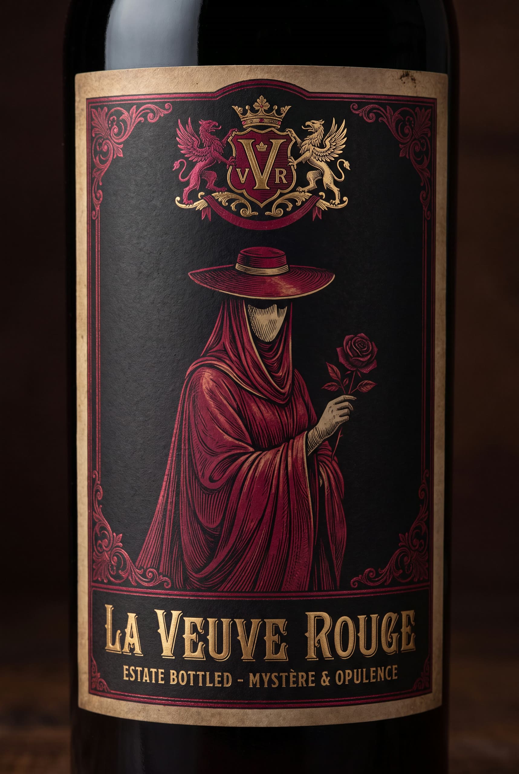 La Veuve Rouge — Vin Fou No. 10 — A veiled figure in red on black, one rose — mysterious and opulent.