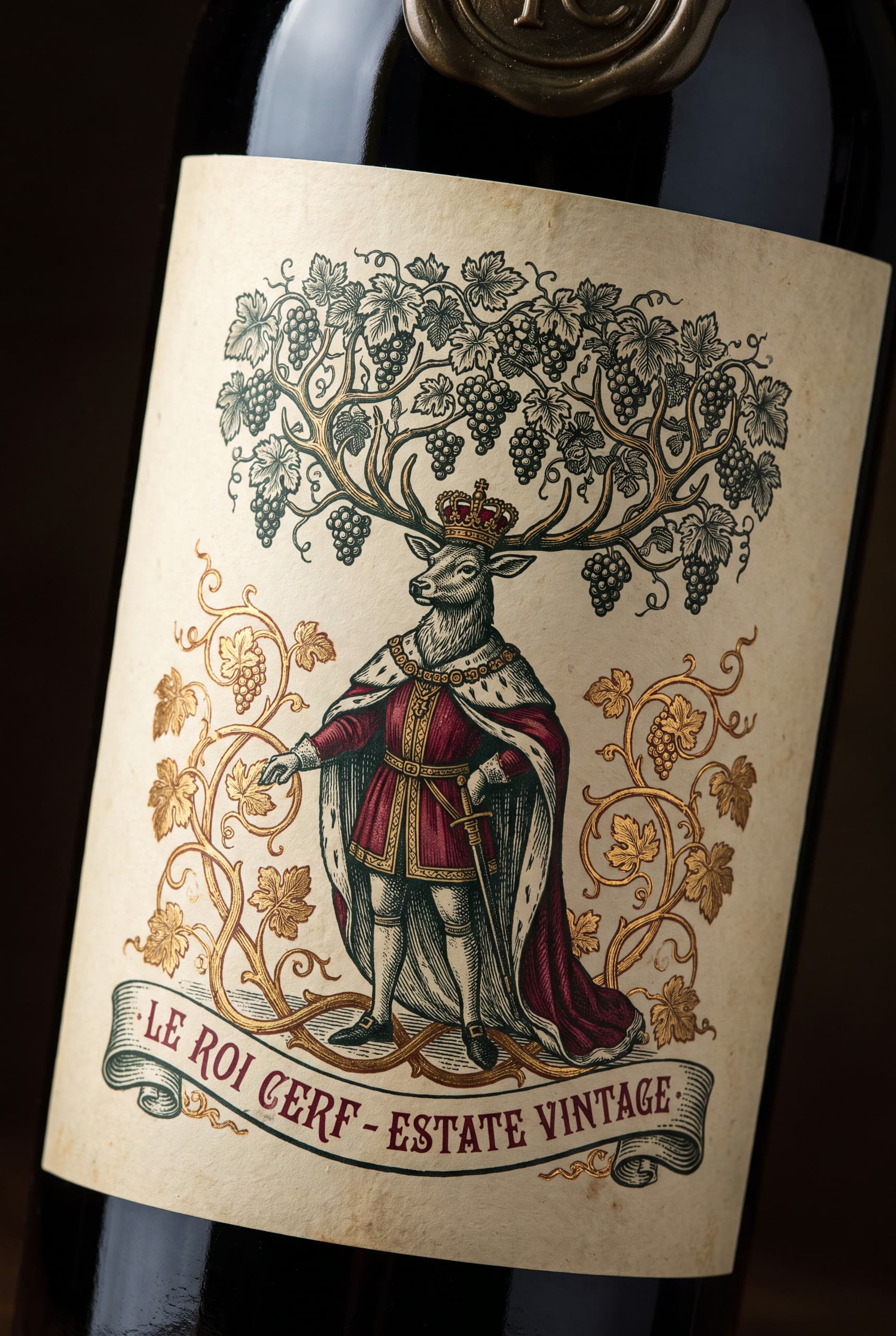Le Roi Cerf — Vin Fou No. 8 — A crowned stag whose antlers branch into the vine — noble and mythic.