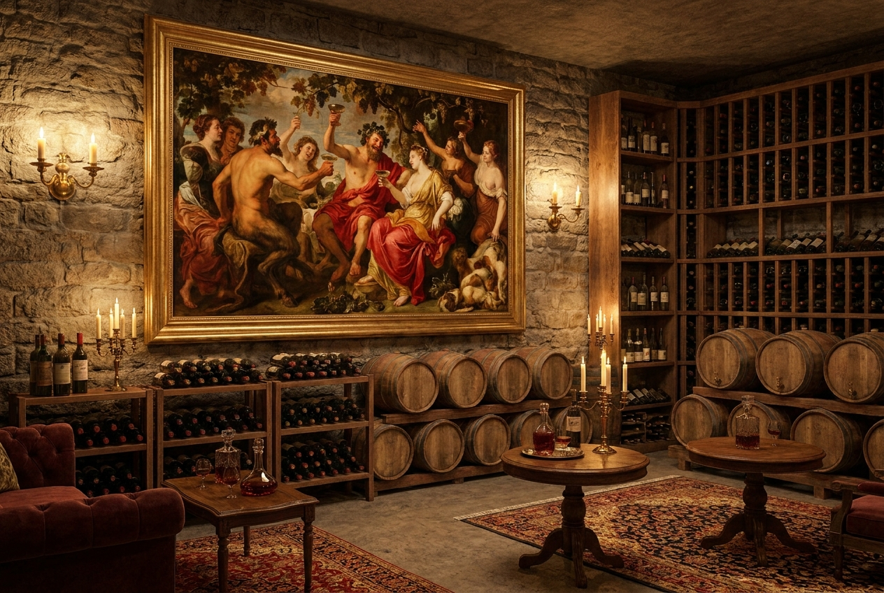 A framed Dionysian wine painting on the stone wall of a candlelit wine cellar