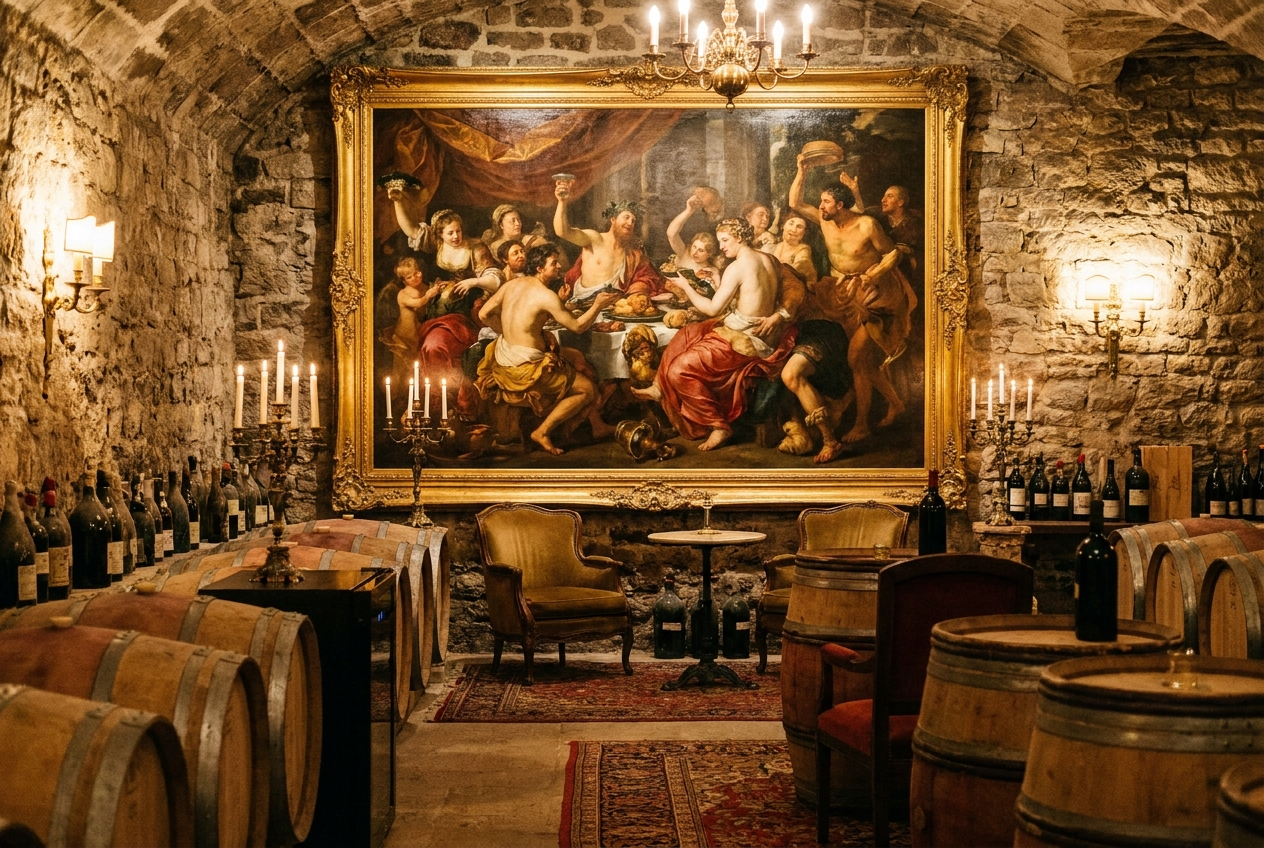 A framed Dionysian painting among oak barrels in a luxury wine cellar