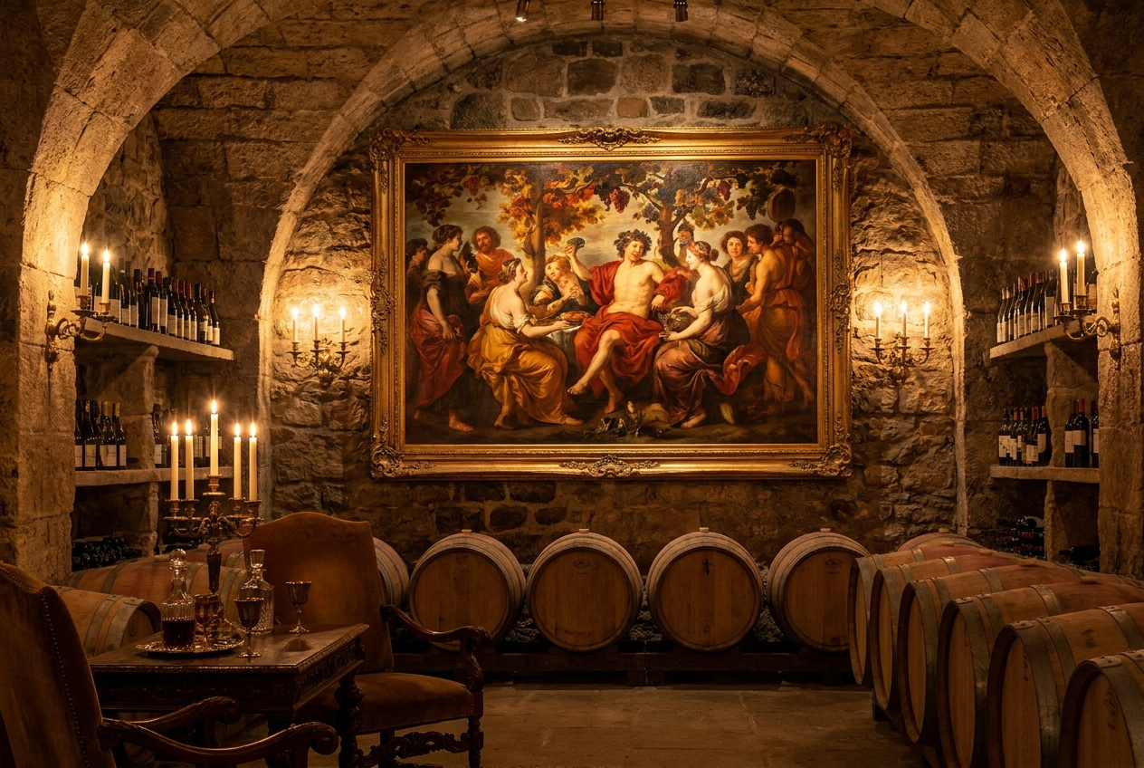 A gilt-framed wine bacchanal in a stone cellar lined with bottles