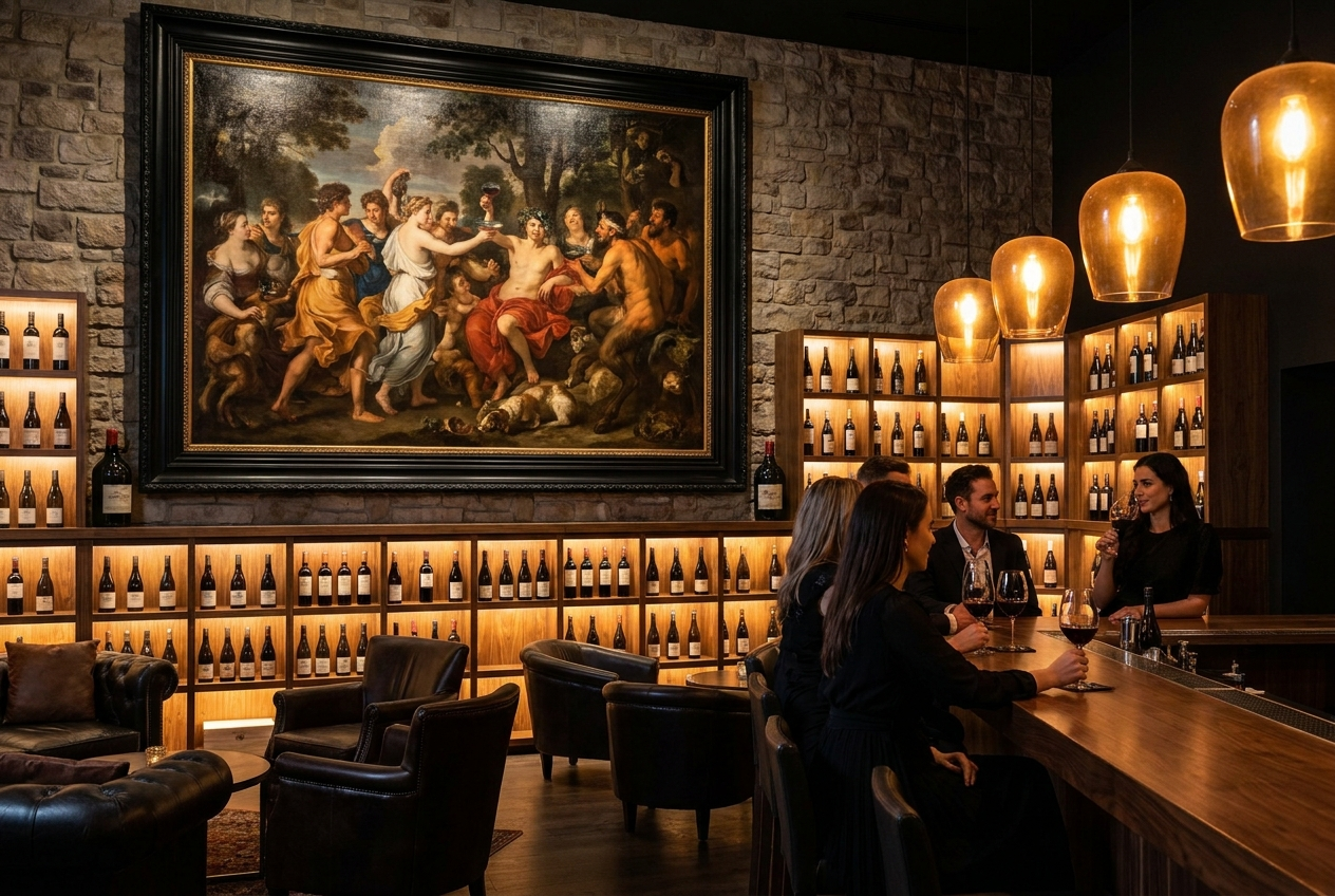 A framed bacchanal painting in an upscale wine tasting lounge