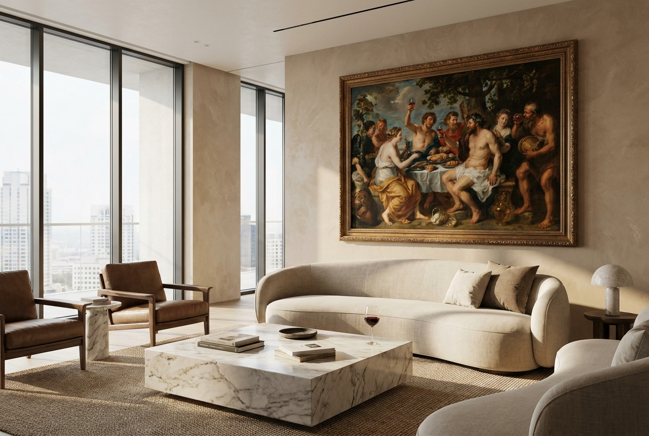 A large framed wine-revelry painting in a sunlit modern luxury penthouse