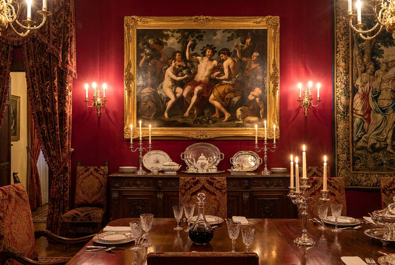 A gilt-framed bacchanal painting above the sideboard of an opulent villa dining room